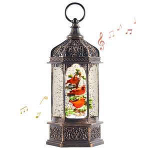 lot 31386 image: 13.4 Christmas Snow Globe Lantern with Swirling Glitter Christmas Decorations Indoor, Cardinals & Rotating Tiny Animal Lighted Musical Snow Globes for Home Decoration USB Powered or Battery Operated
