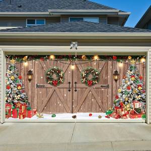 lot 31395 image: Garage Door Christmas Cover 7x16ft, Christmas Garage Door Cover 2 Car with Barn Wood Door Design (Magnets6 Included) - Retail $45