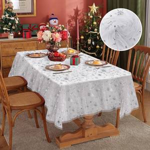 lot 31398 image: Bonison 60x120in Snowflake Winter Tablecloth Party Decoration, Silver Organza Fabric Tablecloth Rectangular, Wrinkle Free Holiday Table Cover for Winter Wonderland Dinner, Birthday Party Decorations - Retail $6