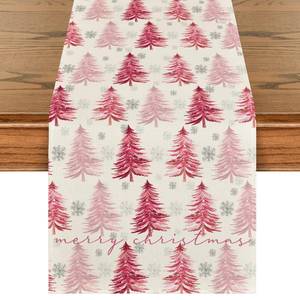 lot 31400 image: Artoid Mode Xmas Trees Snowflake Christmas Table Runner, Seasonal Winter Pink Kitchen Dining Table Decoration for Home Party Decor 13x72 Inch - Retail $10