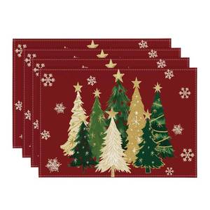 lot 31413 image: Artoid Mode Xmas Trees Snowflakes Winter Placemats Set of 4, 12x18 Inch Seasonal Red Christmas Table Mats for Party Kitchen Dining Decoration - Retail $10