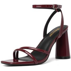 lot 19481 image: RIBONGZ Burgundy Strappy High Heels Block Heeled Sandals for Women Square Open Toe Ankle Strap Chunky Heels Wedding Party Bridal Dress Shoes 8.5 - Retail $36