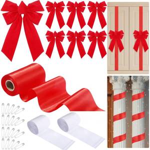 lot 25294 image: Suncalla 6 Pcs Christmas Cabinet Ribbons Bow Decor Xmas Door Ribbon Cabinet Bow with 20m Satin Ribbons 30 Pins 2 Roll Hook and Loops for DIY Christmas Cabinets Kitchen Tree Party Supply(Red) - Retail $29