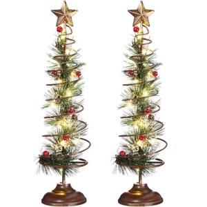 lot 25299 image: Yuefunny Set of 2 Lighted Christmas Tree Table Decoration with Golden Star Spiral Battery Operated Tabletop Prelit Mini Xmas Tree with LED Light up Desk Ornament for Home Mantel Room (Snowy Style) - Retail $33