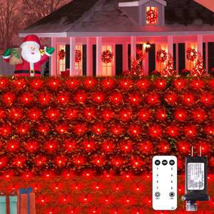 lot 25302 image: JMEXSUSS 360 LED Red Net Lights Outdoor, Connectable 12ft x 5ft Christmas Net Lights Plug in with Remote, 8 Modes Waterproof Red Mesh Light for Bushes Christmas Halloween Decorations - Retail $26