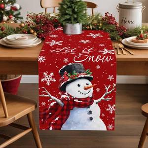 lot 27808 image: Red Snowman Christmas Snowflakes Burlap Table Runner 70 Inches Long, Winter Falling Snow Non-Slip Kitchen Table Runners for Dining Room Party Holiday Table Decorations - Retail $20
