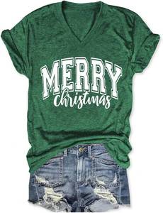 lot 27820 image: Womens V Neck Christmas Shirt Merry Christmas Graphic Tees Funny Holiday Xmas T-Shirts Winter Gift Tops(LV-1,XL) - Retail $9