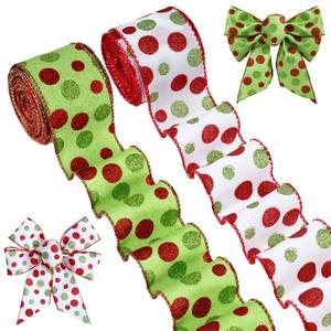 lot 27823 image: 2 Rolls 20 Yards Christmas Green Red Dot Ribbons Glitter Dot Christmas Ribbon Wired Polka Dot Ribbon Xmas Decorative Burlap Decorative Ribbons for DIY Craft Bows (2.5 Inch) - Retail $15