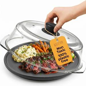 lot 1677 image: Bezrat Microwave Tall Glass Plate Cover  Splatter Guard Lid with Easy Grip Silicone Handle Knob  100percent Food Grade  BPA Free and Dishwasher Safe  10 Inch (Black-)