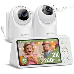 lot 1682 image: bonoch 2K Baby Monitor with 2 Cameras, 5.5in Split Screen Dual Video Monitor, 240hrs Battery, 1600ft Long-Range, White Noise, Hack-Proof No WiFi, Night Vision, CrySleep TurnoverMotion Smart Detect