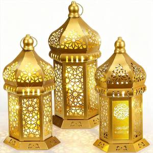 lot 1686 image: Honoson 3 Pack Large Golden Eid Ramadan Lantern Moroccan Lantern with LED String Lights Vintage Metal Lamp Ramadan Decorations for Home Hanging Indoor Outdoor Patio Tabletop Decor