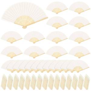 lot 1702 image: MCEAST 80 Pieces Handheld Fans Silk Bamboo Folding Hand Fans Silk Fabric Folding Fans with Organza Bags for Church Wedding Party Favors Bridal Dancing Props, Cream