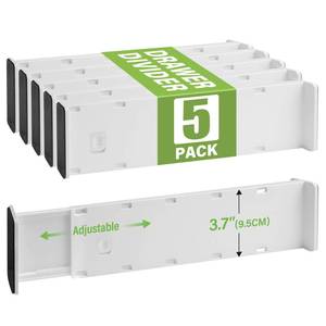 lot 1704 image: Zruitong 5 Pack Drawer Dividers 3.7in High Slim Organizers Expandable 14.8-25.6in Adjustable Separators for Shallow Drawers Kitchen Utensils Baby Clothes Underwear Storage-White