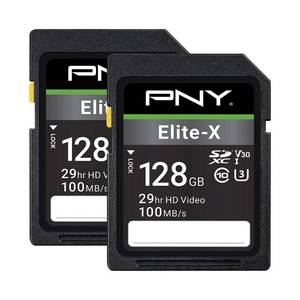 lot 2134 image: PNY 128GB Elite-X Class 10 U3 V30 SDXC Flash Memory Card - 100MBs, 4K UHD, HD, UHS-I, Full Size SD (Pack of 2)