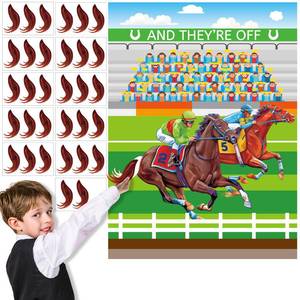 lot 2151 image: QOUBAI 32Pcs Derby Horse Games for Kids Pin The Tail on The Horse Poster Derby Party Games with Tail Stickers for Kentucky Decorations Racing Party Favors Supplies Kit for Kids Family Game