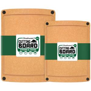 lot 2214 image: Freshware Wood Cutting Boards for Kitchen, Juice Groove, Non-Slip Silicone Feet, Dishwasher Safe, Medium 12in x 9in and Large, 15in x 11.25in, Set of 2, Natural