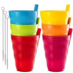 lot 2233 image: PLASKIDY Kids Cups with Straw � Set of 6 Toddler Cups with BuiltIn Straw 10 Oz BPA-Free Plastic Drinking Cups for Kids Top Rack Dishwasher Safe