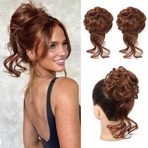 lot 2246 image: HOOJIH 2PCS Messy Bun Hair Piece, Tousled Updo with Tendrils Hair Bun Extensions Wavy Curly Hair Wrap Ponytail Hairpieces Hair Scrunchies for Women HB010 Dasiy - Dark Copper