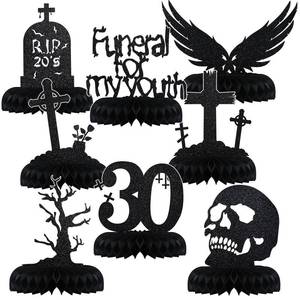 lot 4011 image: Fumete 8 Pack Death to My 20s Decorations Rip 20s Birthday Decorations Gothic 30th Birthday Honeycomb Centerpieces Goth Table Decor Glitter Funeral for My Youth(Black)