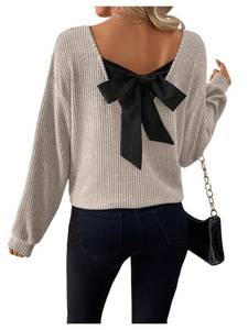 lot 4061 image: BEAUDRM Womenfts Fall Tunics V Neck Bow Tops Lightweight Sweater Long Sleeve Ribbed Knit Oversize T-Shirt Apricot Large