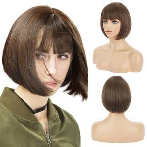 lot 4084 image: REECHO Brown Bob Wig with Bangs, 11in Short Bob Wigs Synthetic Replacement Hair Wigs for Women - Chestnut Brown