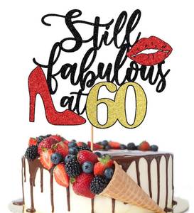 lot 4091 image: Crseniny Still Fabulous at 60 Cake Topper,Happy 60th Birthday Cake Topper,Queen High heels Big Red lips Cake Topper,Women 60th Birthday Party Cake Decorations