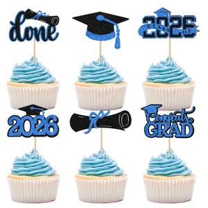 lot 4115 image: Blue Graduation Cupcake Toppers 2026, 36pcs Glitter Cupcake Toppers for Class of 2026 Party Supplies Cap Diploma Done Congrats Grad Picks for Food Dessert Mini Cake Decoration
