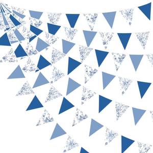 lot 4116 image: 32Ft Blue Floral Party Decorations Vintage Blue White Flower Pennant Banner Fabric Triangle Flag Garland Streamers for Floral Wedding Porcelain Birthday Baby Bridal Shower Garden Tea Party Decor