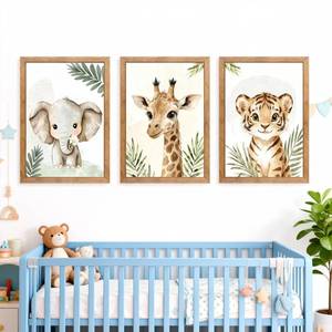 lot 5164 image: A3 Set Safari Nursery Wall Decor, 11x16 Inch Framed Cute Giraffe Elephant Tiger Print Sign, Jungle Theme Cartoon Animal Wall Art for Baby Girl Boy Room Decoration, Natural