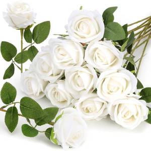 lot 5174 image: Roses Artificial Flowers, Silk Roses with Stems for Wedding Bridal Bouquets, Valentine Anniversary Motherfts Day Get Well Hostess Housewarming Gifts, Indoor Outdoor Decor Party Centerpiece (12, White)