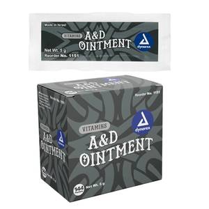 lot 5198 image: Dynarex Vitamins AandD Ointment Without Lanolin - Vitamin A and D Ointment Protectant For Minor Cuts, Burns, Diaper Rash and Dry Skin - 1 Box - 144 PacketsBox - 5g Packets (Packaging May Differ)