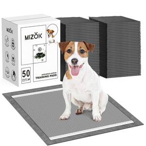 lot 5217 image: MIZOK Puppy Pads 23x24in Charcoal Dog Pads Super Absorbent Odor Eliminating Leak-Proof, Wee Wee Pads with Activated Carbon for Puppies and Small Dogs, Disposable (50 Count)