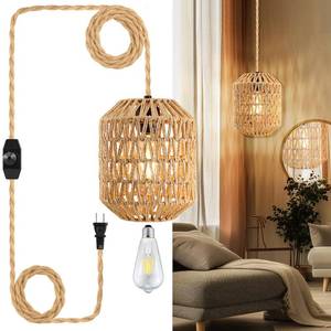 lot 5223 image: Plug In Pendant Light, 15FT Hemp Rope Cord,Hanging Lights With Plug In Cord Dimmable Rattan Hanging Lamp Wicker Woven Basket Lampshade, Industrial Plug In Ceiling Light Fixture For Kitchen (brown)