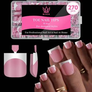 lot 6025 image: Qiek Toe Nail Press Ons French Tip, Sharp Square Berry Pink Pre-Designed Fake Toenail Press On for Women DIY, Soft False Acrylic Nail Extension 15 Sizes, 270 Pcs - Builder Nail Gel and Top Coat Needed