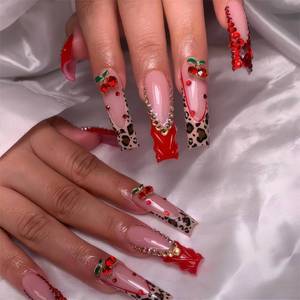 lot 6034 image: Red French Tip Press on Nails Long Square Fake Nails Glossy Glue on Nail with with Bow Charm Rhinestone Bling Acrylic False Nails Brown Cheeatah Artificial Nails Stick on Nail for Women