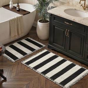 lot 6044 image: MatEssenz Bathroom Rugs Sets 2 Piece Absorbent Quick Drying Machine Washable,Non Slip, Bathroom Accessories, 17inx24in18inx30in, Black and White Stripes