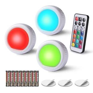 lot 6046 image: EverBrite Tap Light, Push Light, LED Puck Lights with 12 RGB Colors, Wireless Touch Light Under Cabinet, 80 Lumens Night Light for Closet, Bedroom, Wall, Classroom, 9 AAA Batteries Included, 3-Pack
