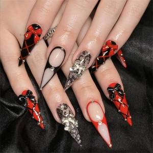 lot 6059 image: Long Press on Nails Stiletto Fake Nails Red Black French Tip False Nails Glossy Glue on Nail with 3D Bow Design Acrylic Nails Press ons Full Cover Stick on Nail for Women Manicure 24Pcs