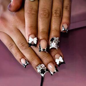 lot 6084 image: 24Pcs Black French Tip Press on Nails Short Square Fake Nails with Bow Flower Star Rhinestones Leopard Designs French Acrylic Nails Stick on Nails Nude False Nails Floral Glue on Nails for Women