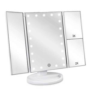 lot 6102 image: deweisn Floor Mount Tri-Fold Lighted Vanity Mirror with 21 LED Lights, Touch Screen and 3X2X1X Magnification, Two Power Supply Modes Make Up Mirror,Travel Mirror