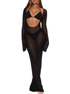 lot 6113 image: Womenfts 3 Piece Swimsuit Set Long Sleeve Sheer Mesh Cutout Maxi Dress Cover Up with Triangle Bikini Beach Vacation Pool Bathing Suit Swimwear Black size S