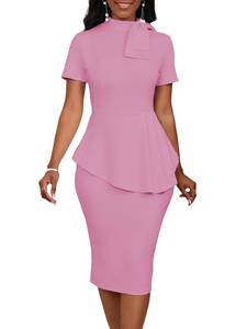 lot 6144 image: PerZeal Church Dress for Women Fashion Peplum Bodycon Short Sleeve Work Dresses Bow Club Ruffle Pencil Formal Cocktail Dress Pink Medium