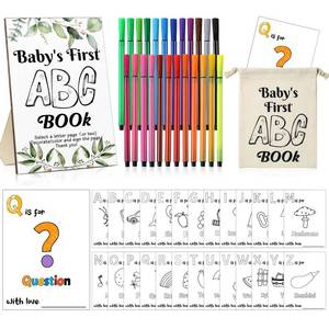 lot 6157 image: Geelin 51 Pcs Babyfts First ABC Book Baby Shower Activity Guest Book Educational Alternative 26 Alphabet A to Z Coloring Card with 24 Watercolor Storage Bag for Baby Shower Party Games(Greenery)