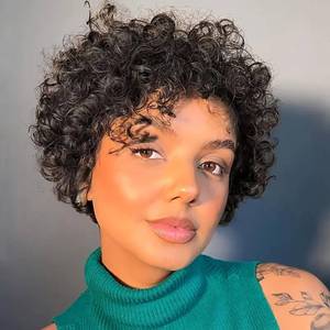 lot 6180 image: Quazirpu Pixie Cut Curly Human Hair wigs Short Curly Wigs for Women Glueless Short Layered Pixie Cut Human Hair Wig With Bangs Brazilian Virgin Human Hair Wig Wear and Go Wig (natural 1b)