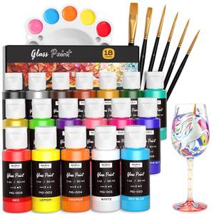 lot 6201 image: Nicpro 18 Colors Stained Glass Paint Set, 1oz  30ml Waterproof Acrylic Enamel and Ceramic Glass Painting Kit for Arts on Transparent Wine Glasses Jars Windows with 6 Brushes and 1 Palette, Opaque Finish incomplete