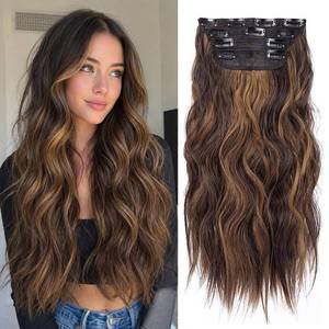 lot 6204 image: A4Pcs Clip in Hair Extensions, 20 Inches Long Wavy Synthetic Brown Hair Extensions Clip in, for Women and Girls (Color Dark Brown with Light Brown Highlights)