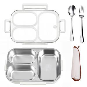 lot 11864 image: VACAID 25oz 188 Stainless Steel Lunch Box Kit (Bento Box  ForkSpoon) - 3 Leakproof Compartments - Metal Snack Box for Kids and Adults - SchoolOfficeTravel - Dishwasher Safe (White)