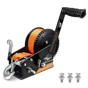 lot 11880 image: METOWARE Boat Trailer Winch 3500lbs Capacity with 33 Ft(10M) Polyester Orange Strap Heavy Duty Hook 2-Way Ratchet 4181 Gear Portable Hand Winch for Trailers Trucks ATVs Boat-Black