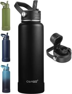 lot 11883 image: CIVAGO 40 oz Insulated Stainless Steel Water Bottle with Detachable Straw, Large Metal Water Jug with Bucket Handle, Leakproof Sports Water Flask with Silicone Boot for School, Dishwasher Safe, Black