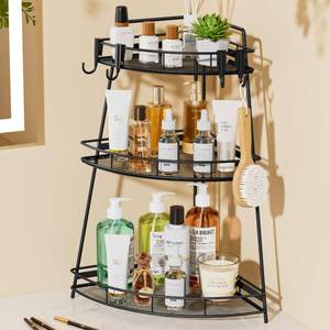 lot 11884 image: VITVITI 3 Tier Corner Bathroom Counter Organizer, Metal Bathroom Countertop Organizer Shelf Storage, Bath Room Sink Makeup Organizers for Vanity Skincare with Hooks, Black